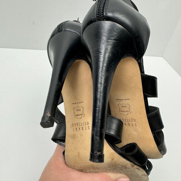 Stuart Weitzman Outing Black Leather Strappy Cage Studded Stiletto Heel Sandal - Picture 9 of 12
